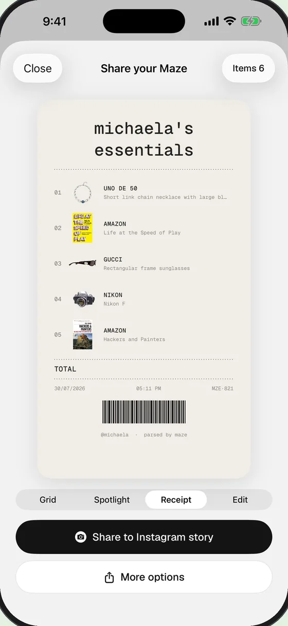 The Fit Check share sheet, showing a receipt-styled card of michaela’s essentials