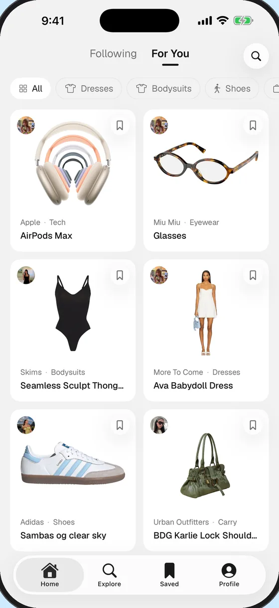 The maze home feed, showing items saved by people you follow